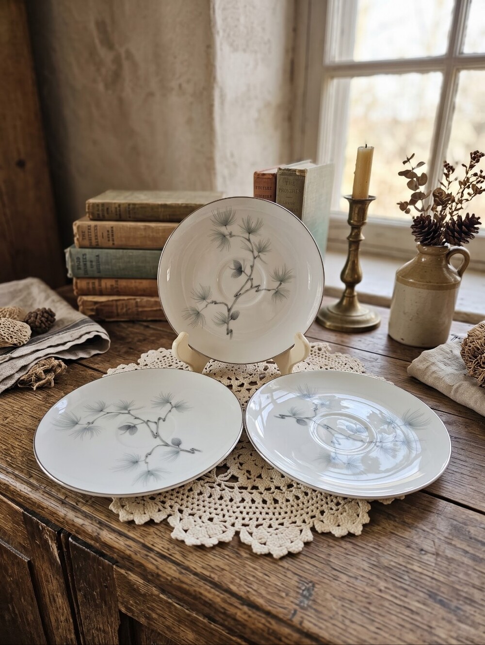 Vintage Amcrest Meito Caroline Pine China Saucers - Set of 3 MCM Japan
